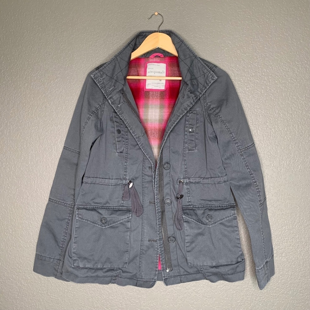 ⚡️Sale Gray Aéreopostale Cargo Jacket Pink Flannel Medium 90s / Y2K Medium